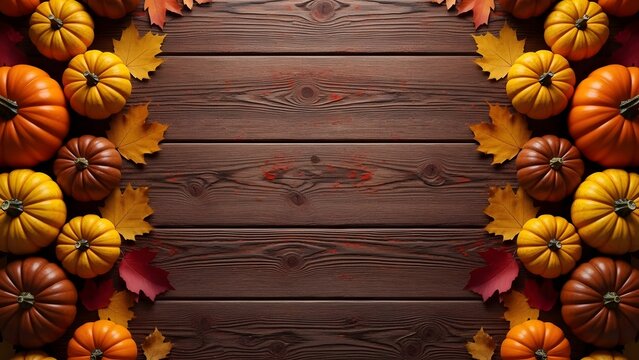 Autumn pumpkins and colorful maple leaves on a rustic wooden tabletop fall harvest decoration
