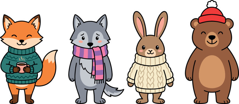 Cute winter forest animals wearing cozy knitted sweaters and hats vector set isolated on white