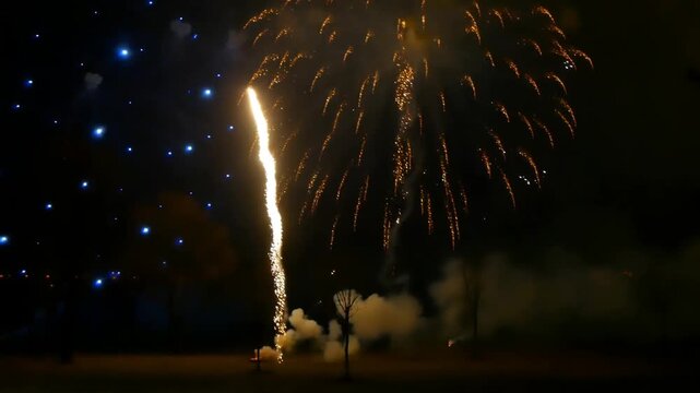 Rocket launch into a starry night sky with fireworks.