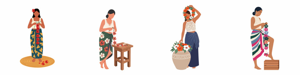 Pacific Island Women Making Traditional Flower Leis and Floral Arrangements © Muqodimatul