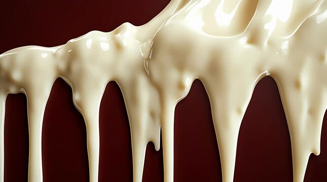 Close up of thick white cream dripping down a dark brown background.