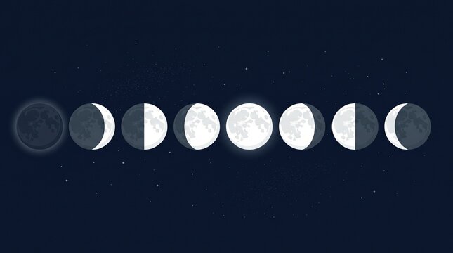 Minimalist moon phases cycle illustration on dark starry night sky background, showing lunar stages from new to full.