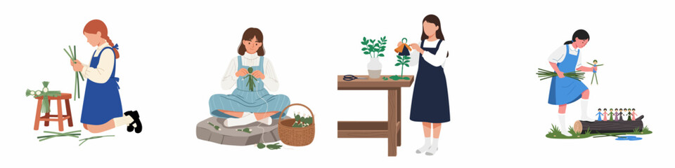 Set of flat vector illustrations showing young girls creating traditional straw dolls and grass crafts, representing folk culture and handmade arts.