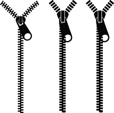 Zipper silhouette vector icon set, black clothing zip puller fastener elements isolated on a white background