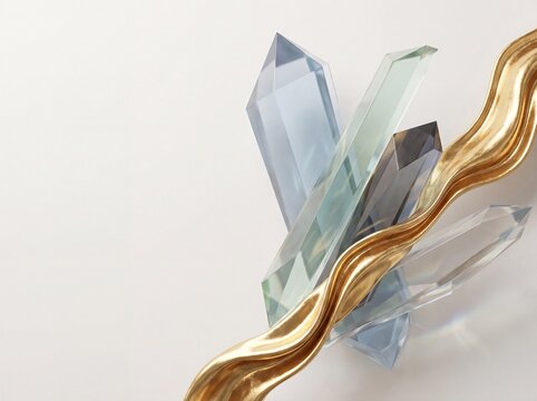 A 3d rendering of crystals and a gold ribbon on a plain background