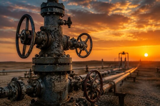 Weathered steel wellhead valve assembly at sunset.