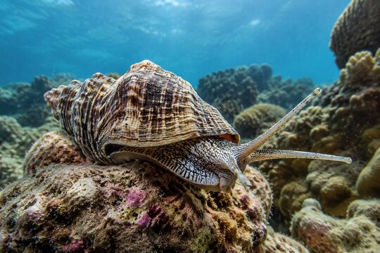 Triton snail extending its tentacles on a coral reef with a visible spiral shell.
