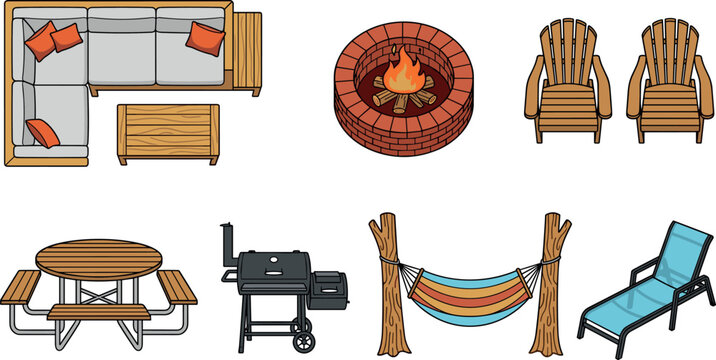 Modern backyard patio furniture and outdoor living barbecue vector set isolated on white background