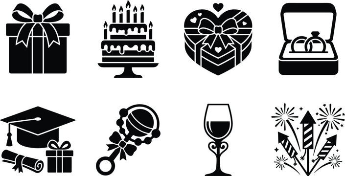 Black silhouette celebration and life milestone vector icon set featuring birthday cake wedding rings and graduation