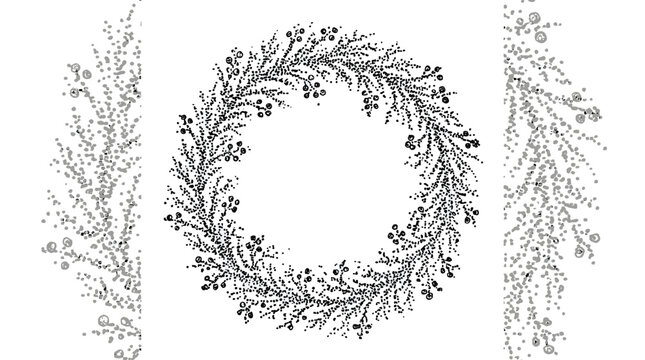 Hand drawn dotted winter wreath with fir branches and berries