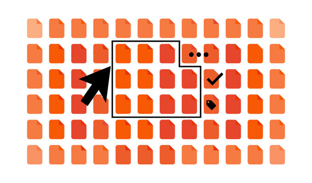 Cursor selecting group of document icons in orange grid layout