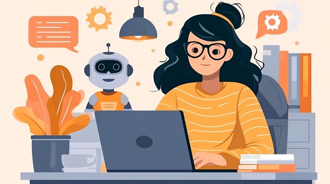 Student using AI powered e-learning assistant on laptop. Online education technology, intelligent tutoring system, personalized learning, digital training and knowledge management concept.