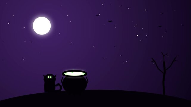 Halloween night cat watches bubbling cauldron under full moon