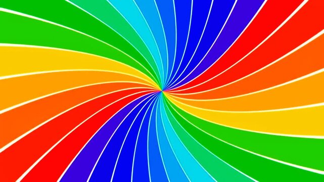 Colorful rainbow spiral background rotating seamlessly. Dynamic vector abstract sunburst graphic animation for pride month, children content, psychedelic visuals, and vibrant backdrops.