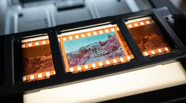 Close up view of a 35mm color negative film strip in a black plastic scanner holder illuminated from behind revealing inverted landscape scenes and fine surface dust