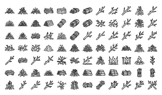 Branches Pile and Brushwood Line Icons Set Dry Twigs Campfire Fuel Editable Stroke Vector Collection