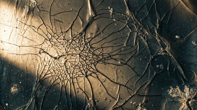 Extreme macro texture of cracked gelatin emulsion on damaged analog film showing severe reticulation