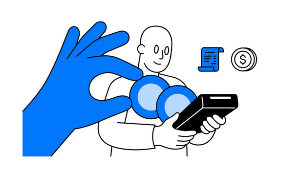 Large hand picking coins while person holds phone in blue circle