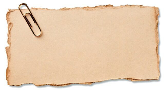 Torn beige paper note with textured edges and metal paperclip isolated on white background background