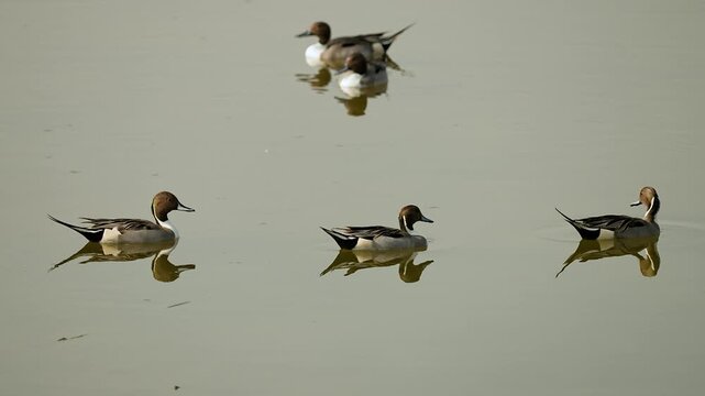 northern pintail ducks floating on still wetland water in gujarat india