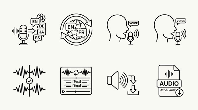 Set of audio and speech processing linear icons featuring voice recording microphone translation multilingual support speech to text waveform analysis editing and download file format options.