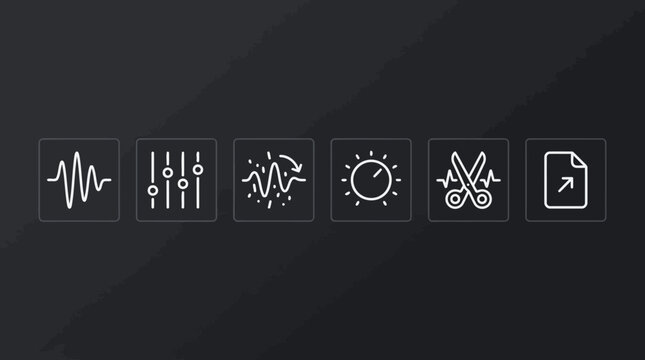 Sound and audio processing icon set showing waveform frequency equalizer sound waves rhythm adjustment sun brightness control audio cutting tool and file export button for music production software.