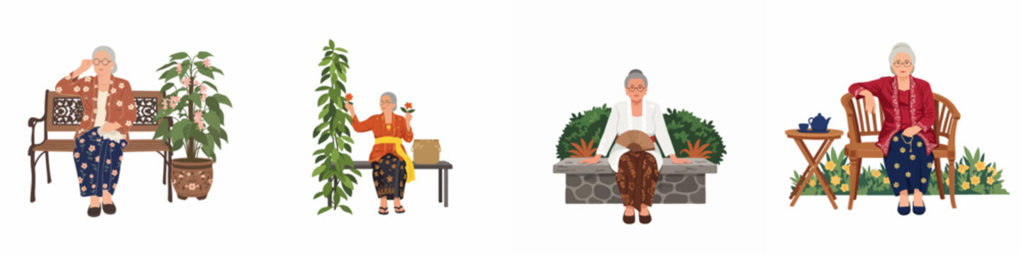 Collection of illustrations featuring elderly Indonesian women wearing traditional kebaya and batik sarongs while relaxing in various garden settings on a white background.