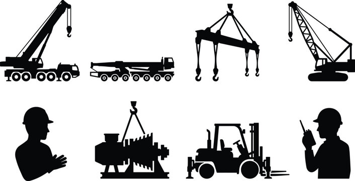 Construction crane and heavy lifting machinery black silhouette vector icon set featuring forklift and engineer