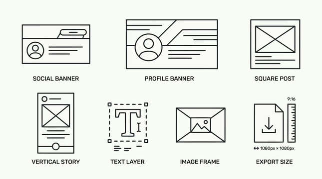 Creative design and social media layout tool icons representing digital content creation elements including banners profile headers square post grids vertical story templates text layers frames 
