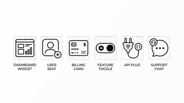 Business management and web development interface icons including dashboard widget user seat management billing card payment feature toggle switch api plug connectivity.