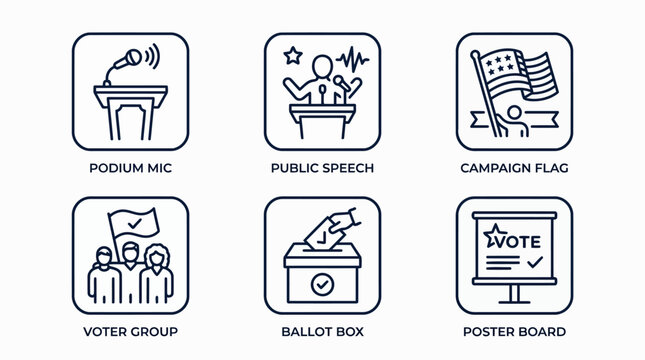Political campaign and election voting icon set featuring podium microphone public speech campaign flag voter group ballot box and poster board for government democracy and civic engagement design.