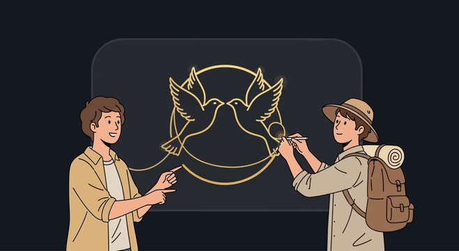 Two people drawing a dove symbol on a screen, symbolizing peace and unity