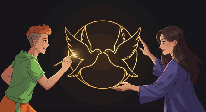 Two people creating glowing dove symbol, art, creativity, connection, inspiration