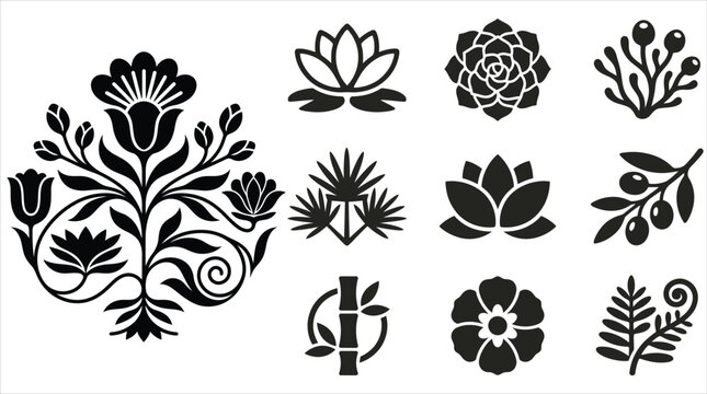 Decorative set of black floral silhouettes and botanical plant vector icons for design