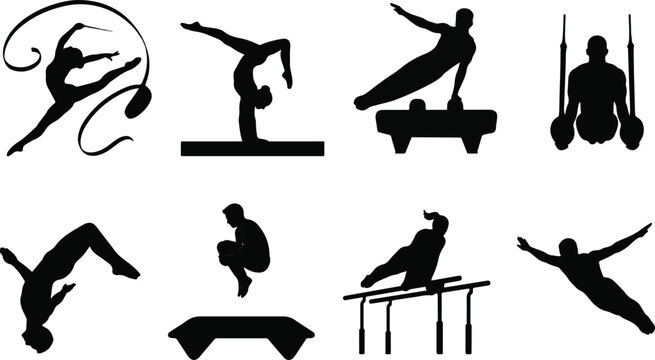 Gymnastics athletes silhouette icon set featuring rhythmic ribbon balance beam pommel horse and parallel bars poses