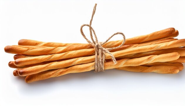 Toasted Wheat Long Bread Sticks Tied With A Rope Isolated On A White Background