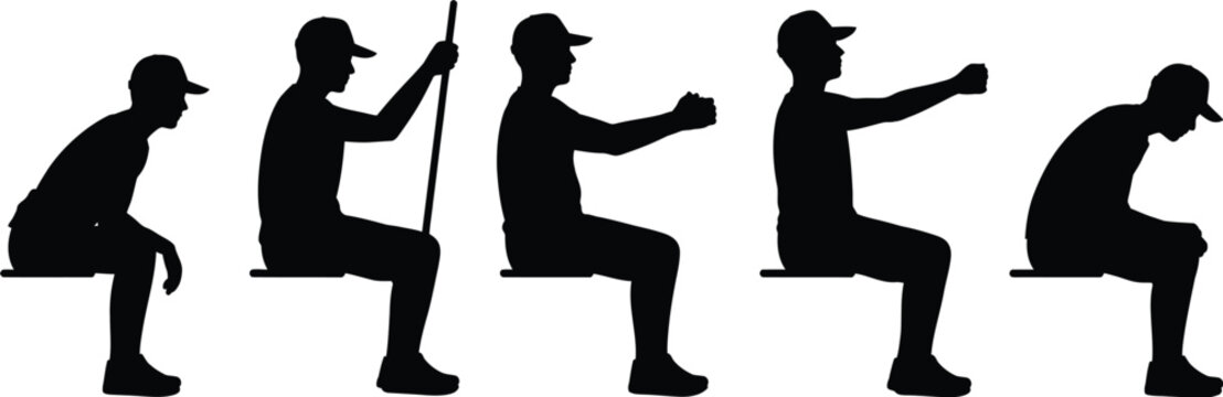Construction worker squatting pose silhouette collection black vector illustration isolated on white background ergonomic posture industrial design reference