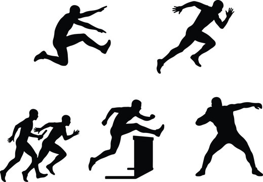 Track and field athletes silhouette set featuring running jumping hurdling shot put and relay action poses