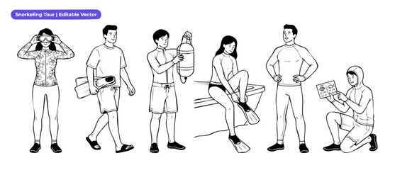 Snorkeling character vector line art set of people preparing for diving and ocean tour adventures with masks fins and wetsuits isolated on white background for summer vacation design concepts. © Dinali