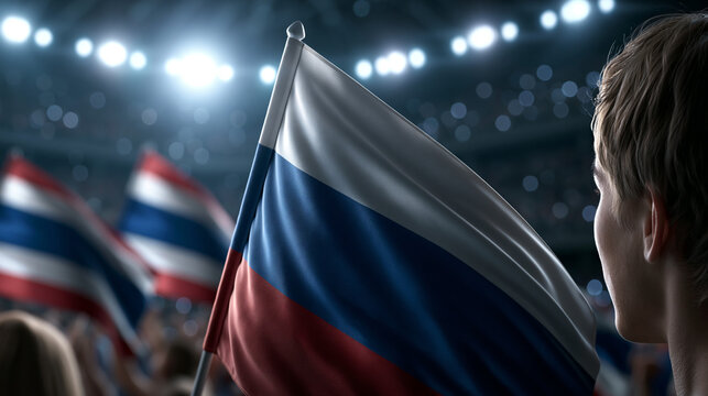 Enthusiastic audience at a sporting event proudly waving flags with vibrant stadium lights illuminating the scene