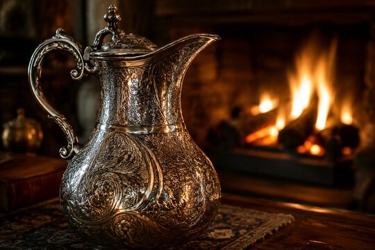 An intricately engraved silver flagon reflecting flickering firelight.