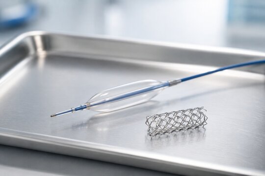 Slender balloon catheter and miniature stent on surgical tray, metallic shine.