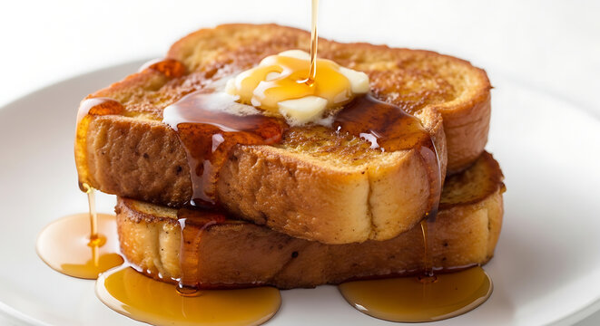 Delicious French toast with syrup and butter on plate