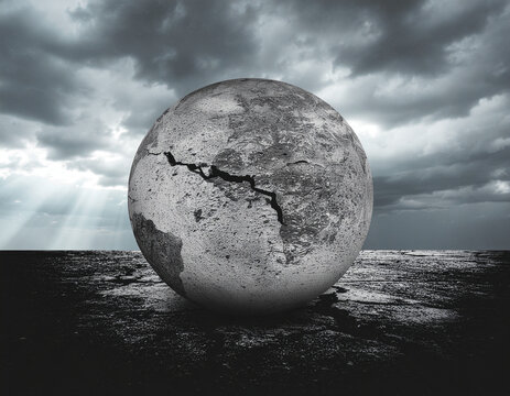 conceptual image of a cracked stone globe under storm clouds representing extremism, division and challenges to global harmony and coexistence