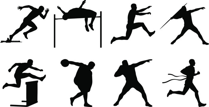 Track and field athletes silhouette collection featuring running jumping hurdling throwing events action poses
