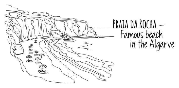 Praia da Rocha beach in Algarve Portugal with cliffs and umbrellas in line art style