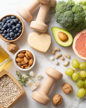 Healthy lifestyle nutrition and wellness flatlay with avocado broccoli nuts and dumbbell for design poster background
