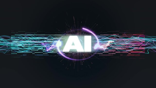 Bright AI logo pulses inside flowing cyan light waves and streaming digital code, cinematic tech atmosphere ideal for corporate promos and product launches