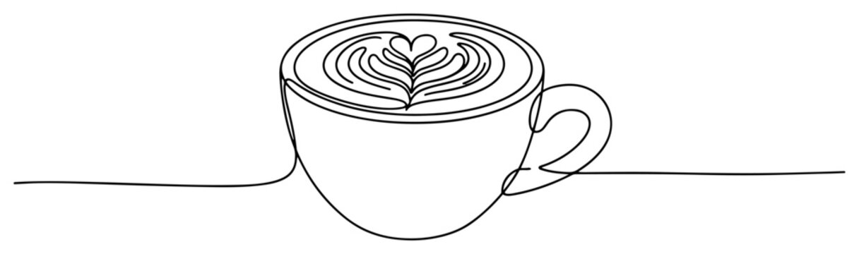 Cappuccino cup with latte art heart pattern in continuous line art style