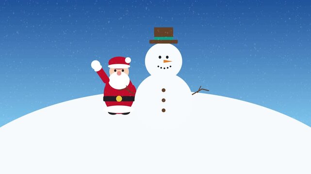 Christmas card animation santa claus and snowman waving hello